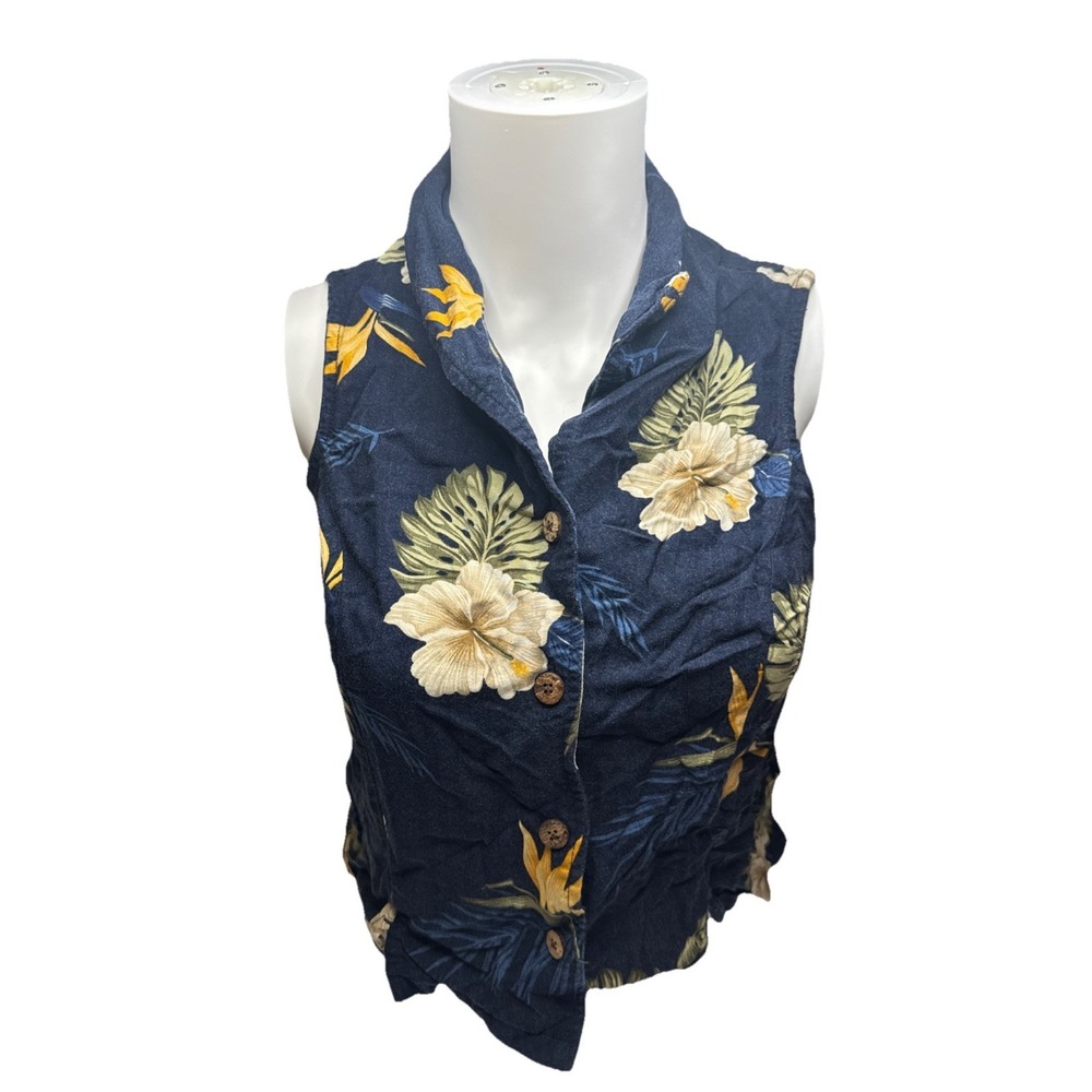 Jamaica Bay Womens‎ Small Blue Tropical Floral Rayon Sleeveless Button Up Top
